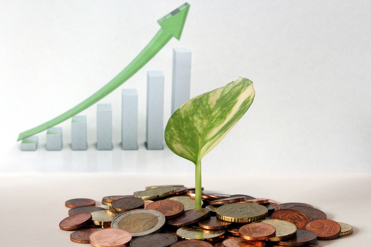 Growth chart and planted coins business growth concepts