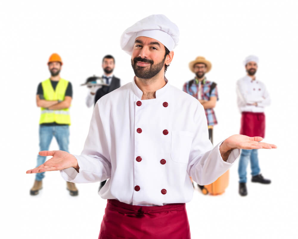 chef with other workmen on a white background
