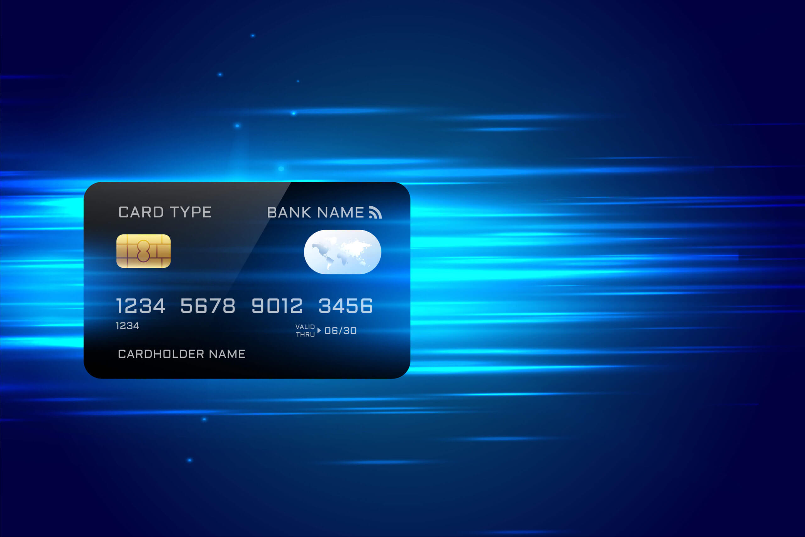 A credit card on a bluish tech background