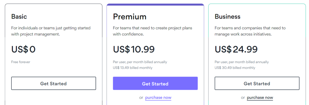 Screenshot of Asana pricing plans