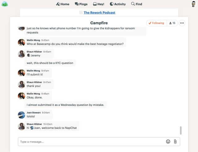 Screenshot of Basecamp campfire team communication