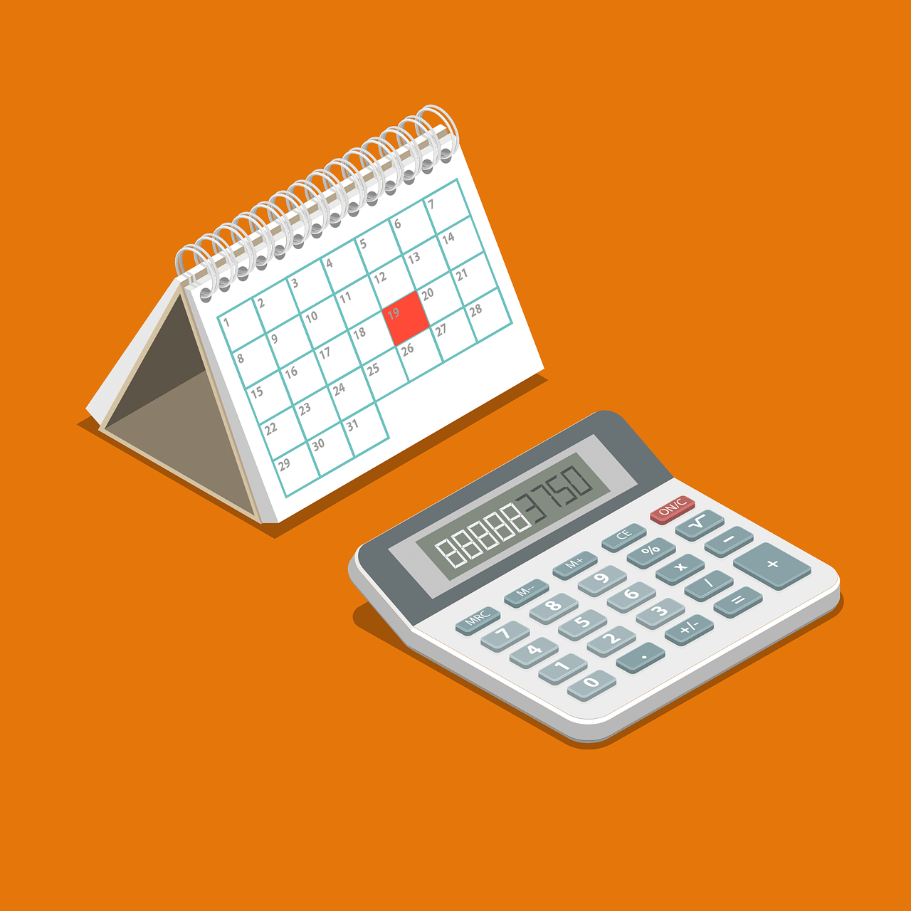 A calendar and calculator on an orange background