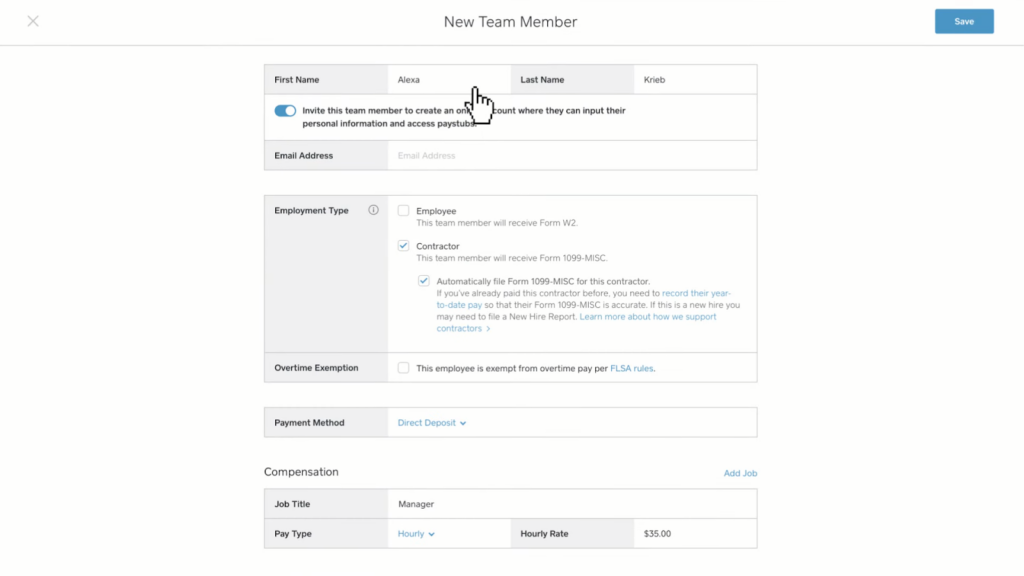 Screenshot of Square Payroll add new team member