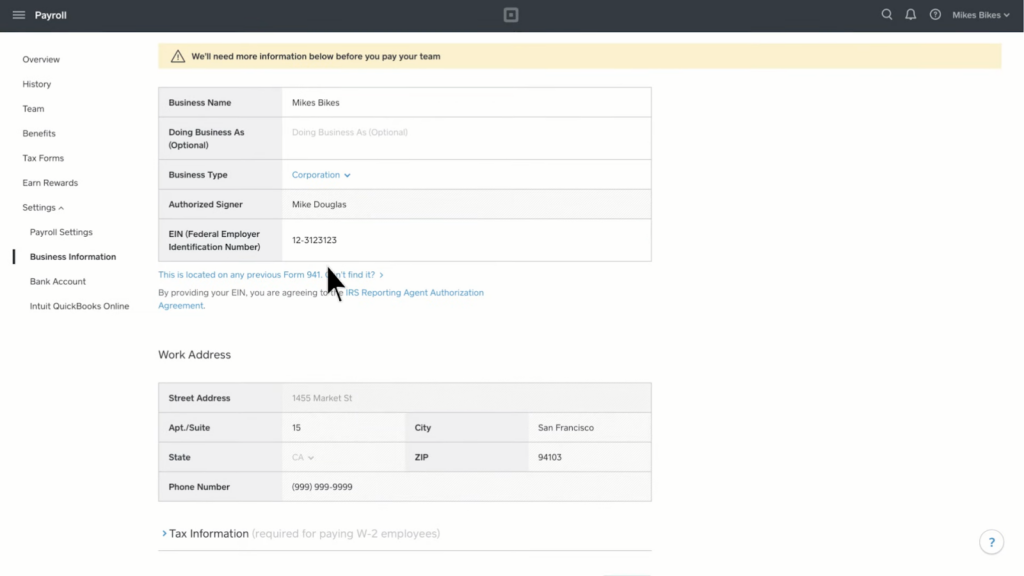 Screenshot of Square Payroll business tax information page