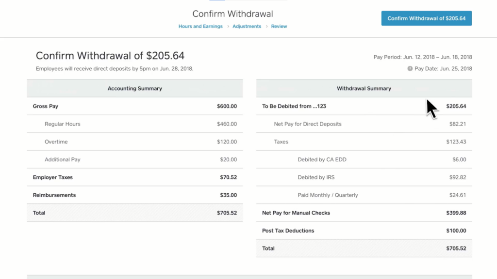 Screenshot of Square Payroll review payroll, confirm the withdrawal
