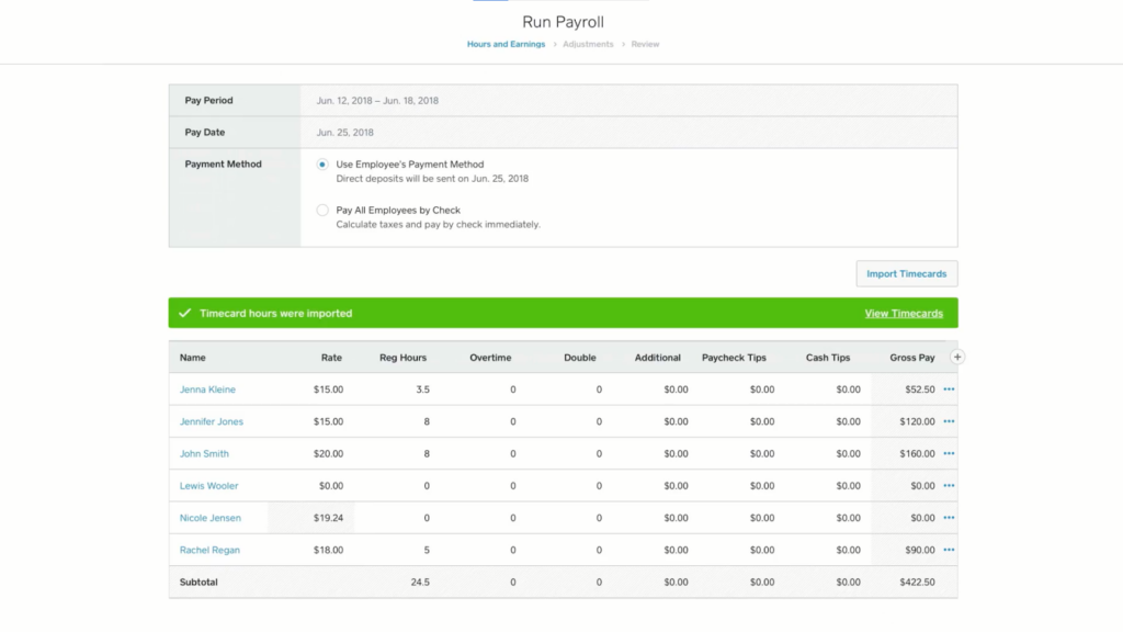 Screenshot of Square Payroll timecards import