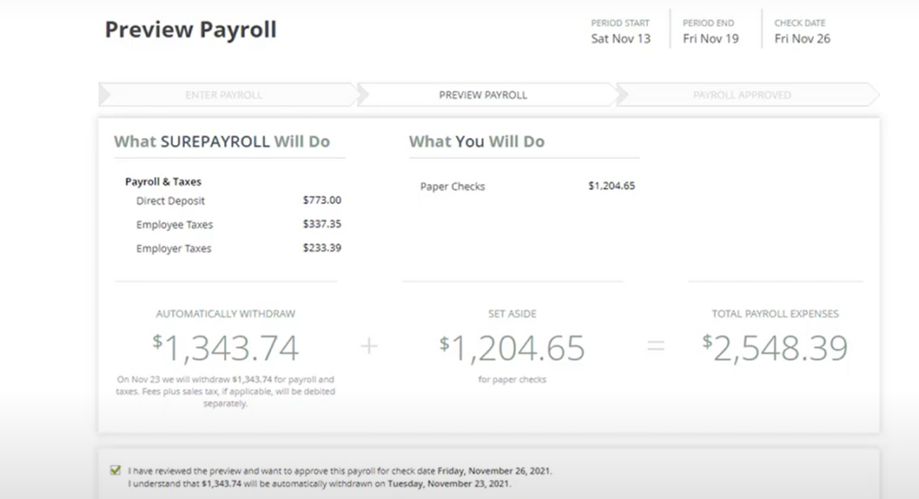 Screenshot of Payroll processing, tax calculation on SurePayroll