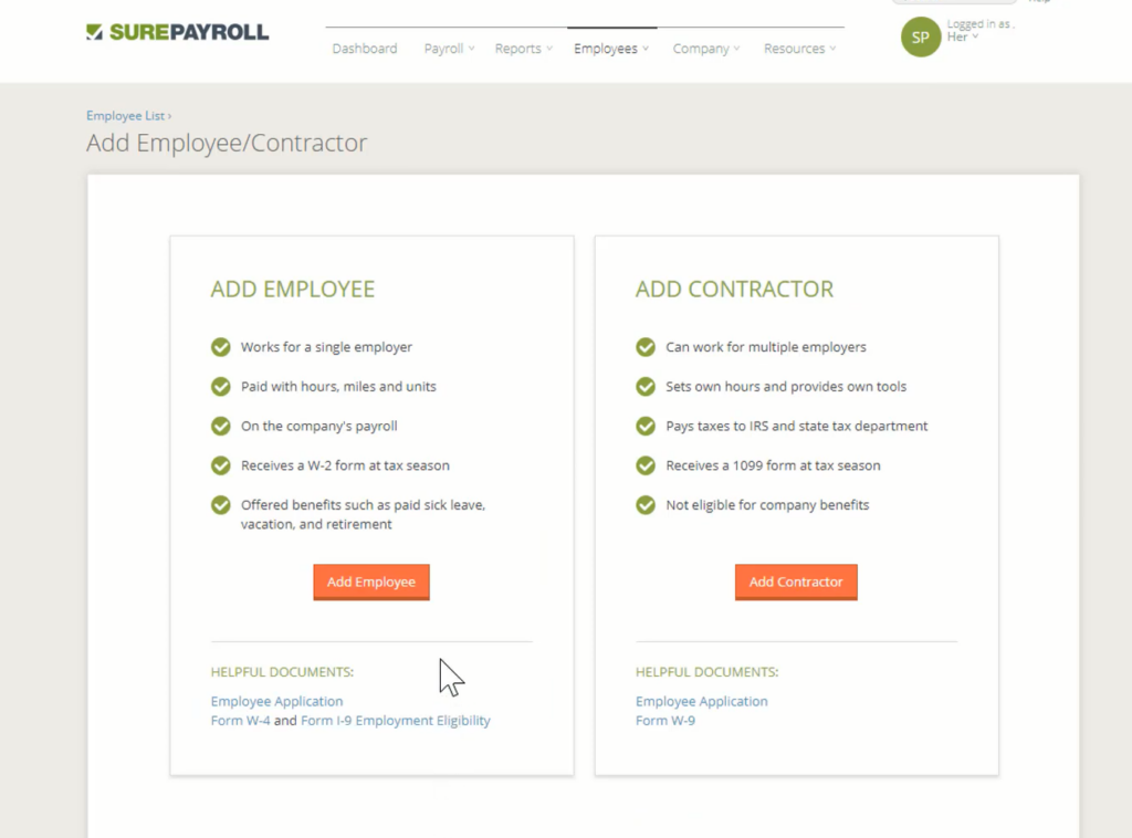 Screenshot of Add Employee/Contractor page on SurePayroll - New hire reporting