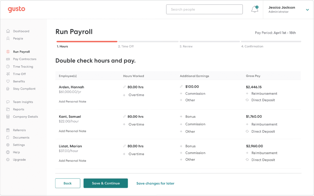Screenshot of Run Payroll page in Gusto