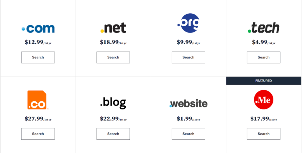 Screenshot of Bluehost domain name prices