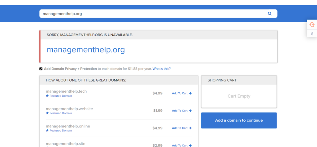 Screenshot of Bluehost domain search when a domain is unavailable