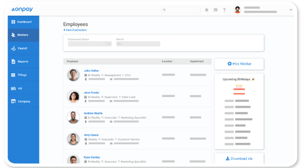 Screenshot of OnPay Payroll Workers page