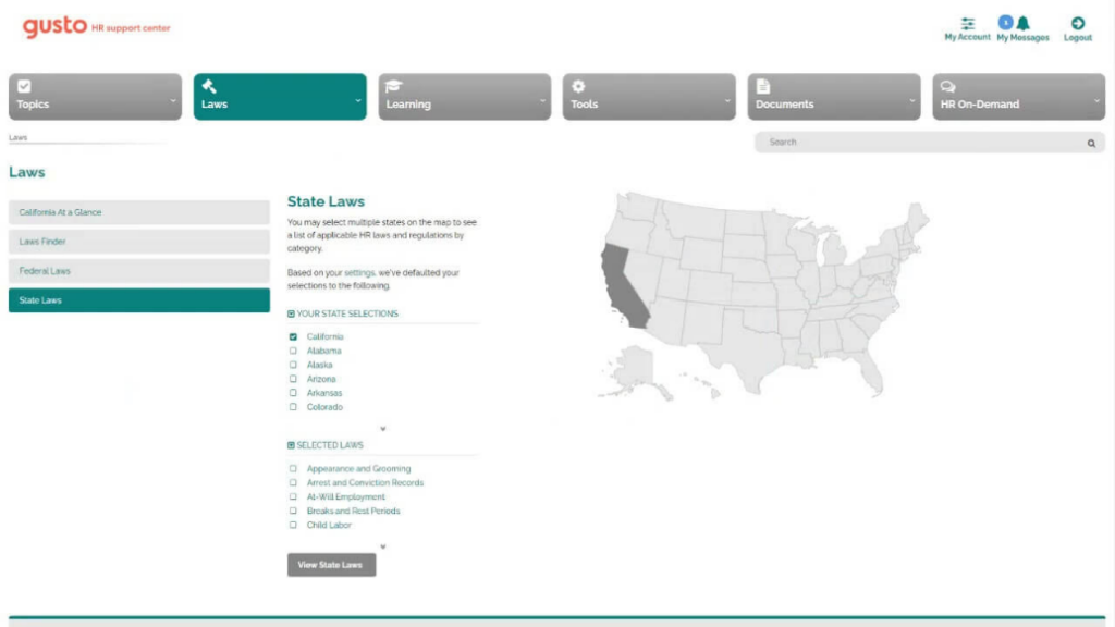 Gusto HR support center laws page