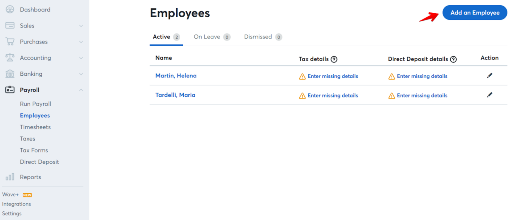 Screenshot of Wave Payroll Add an Employee option