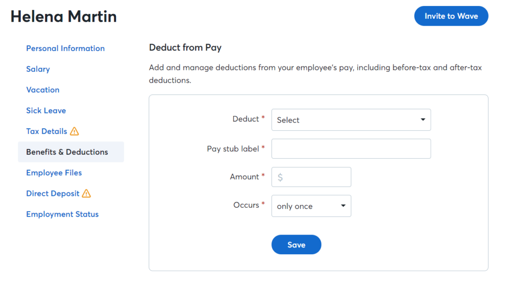 Screenshot of Wave Payroll Deduct from Pay option