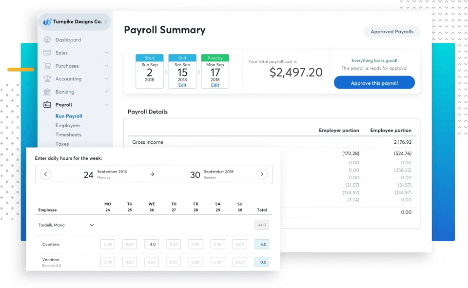 Screenshot of Wave Payroll Payroll Summary, time sheets, dashboard overview