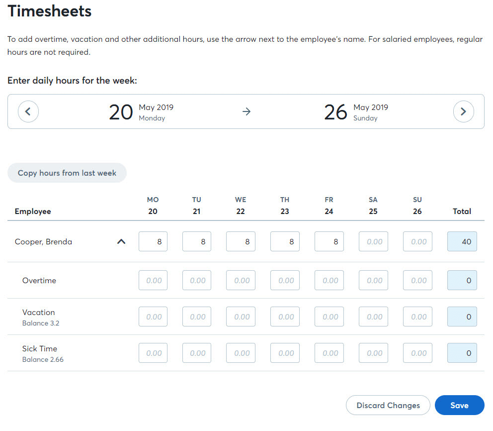 Screenshot of Wave Payroll timesheets