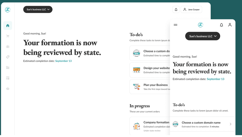 Screenshot of ZenBusiness dashboard home page