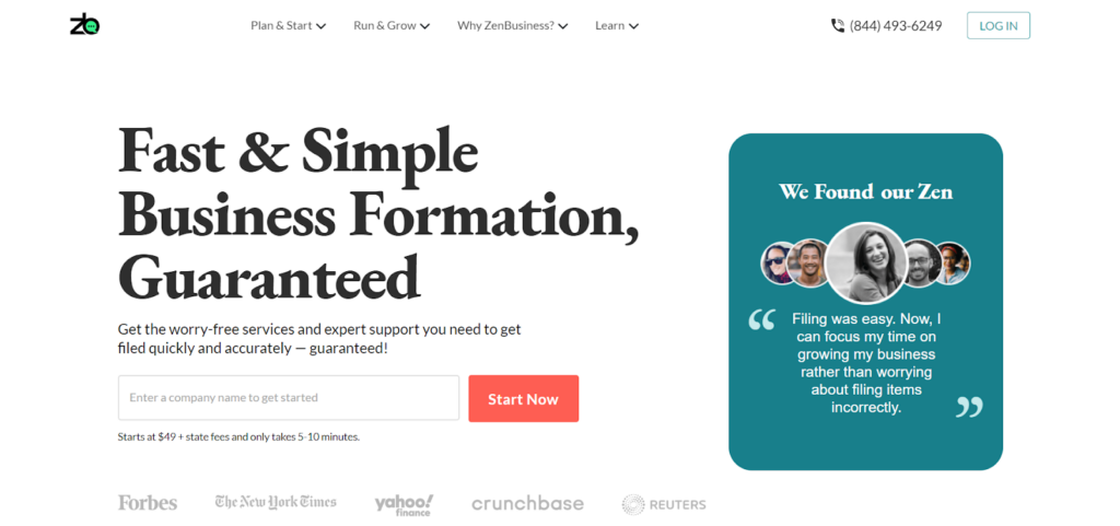 Screenshot of ZenBusiness homepage 