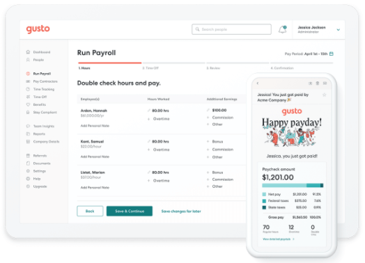 Screenshot of gusto Run Payroll payment page