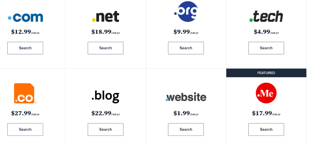 Screenshot of domain names offered by Bluehost