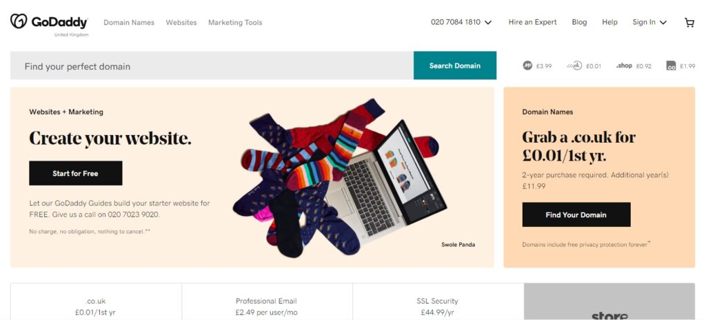 Screenshot of GoDaddy website homepage