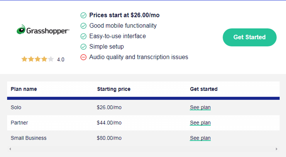 Screenshot of Grasshopper pricing plans