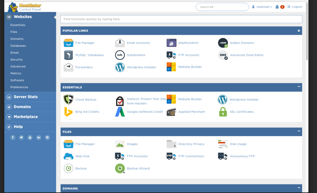 Screenshot of HostGator cPanel