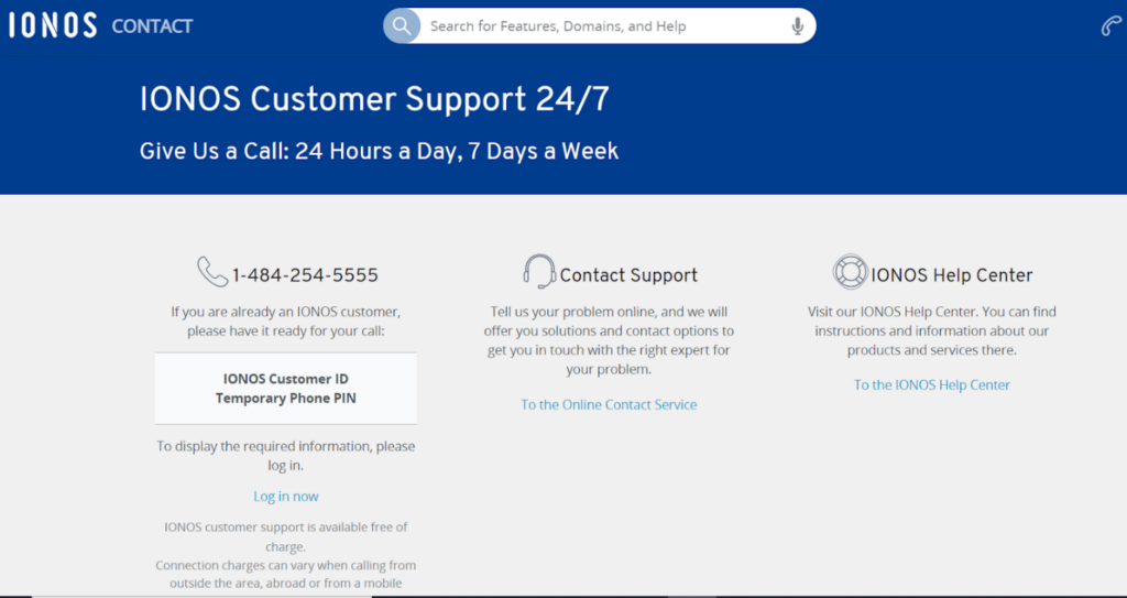 Screenshot of IONOS customer support page