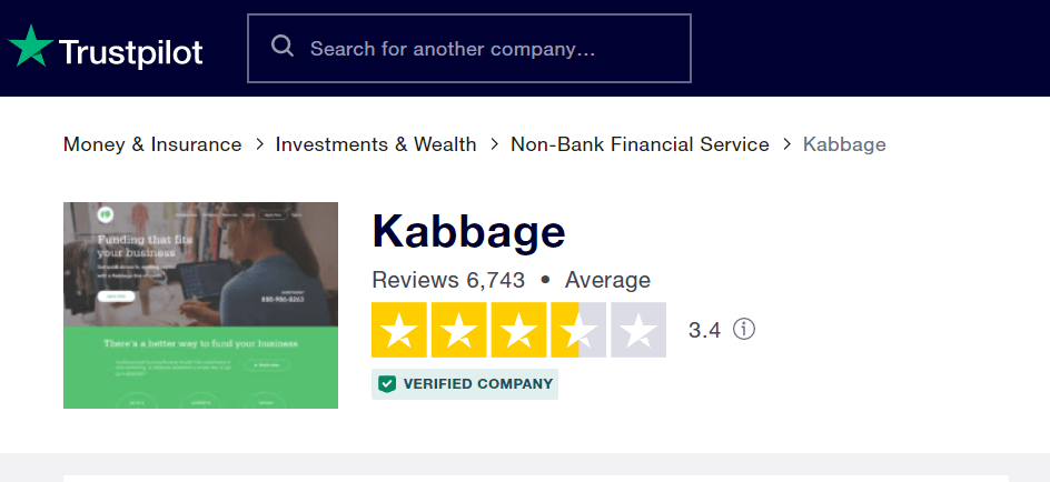 Screenshot of Kabbage reviews on Trustpilot