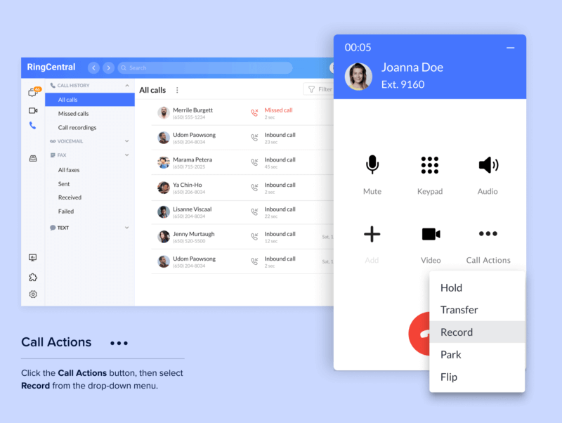 Screenshot of RingCentral call recording feature
