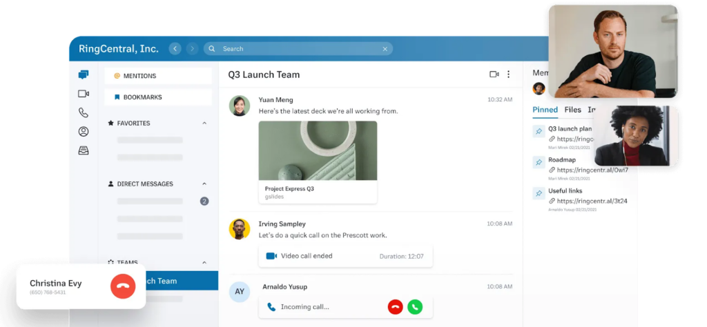 RingCentral message, phone, and video capabilities being demonstrated in a Q3 Launch Team meeting