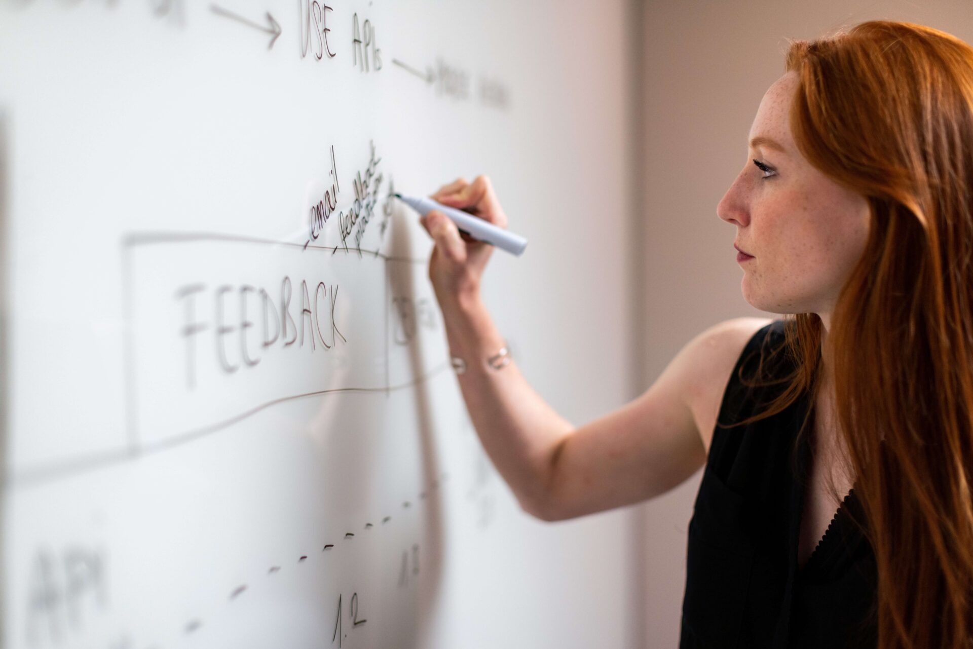 A business woman writing on a white board while presenting