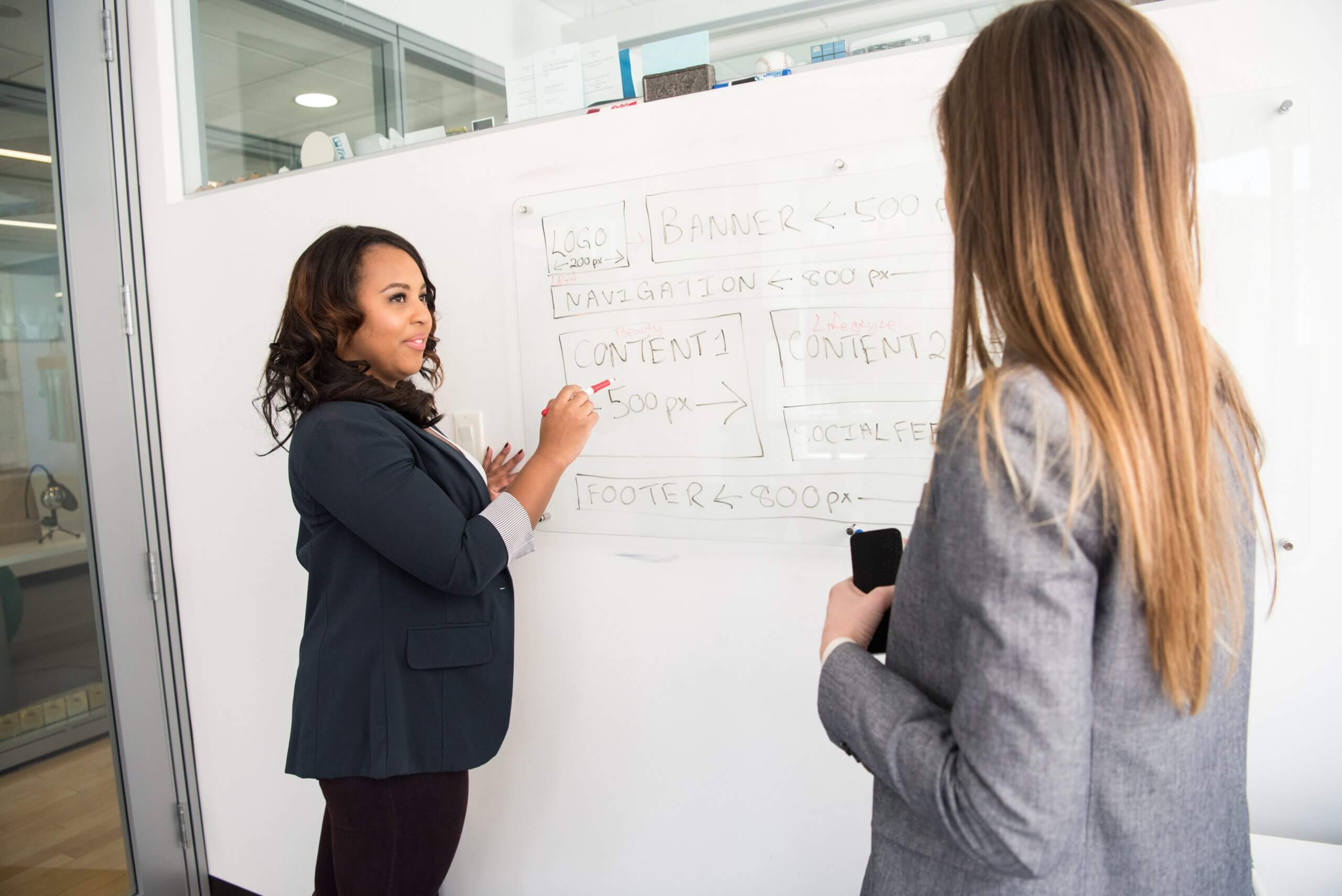 A business woman pointing towards the whiteboard while presenting