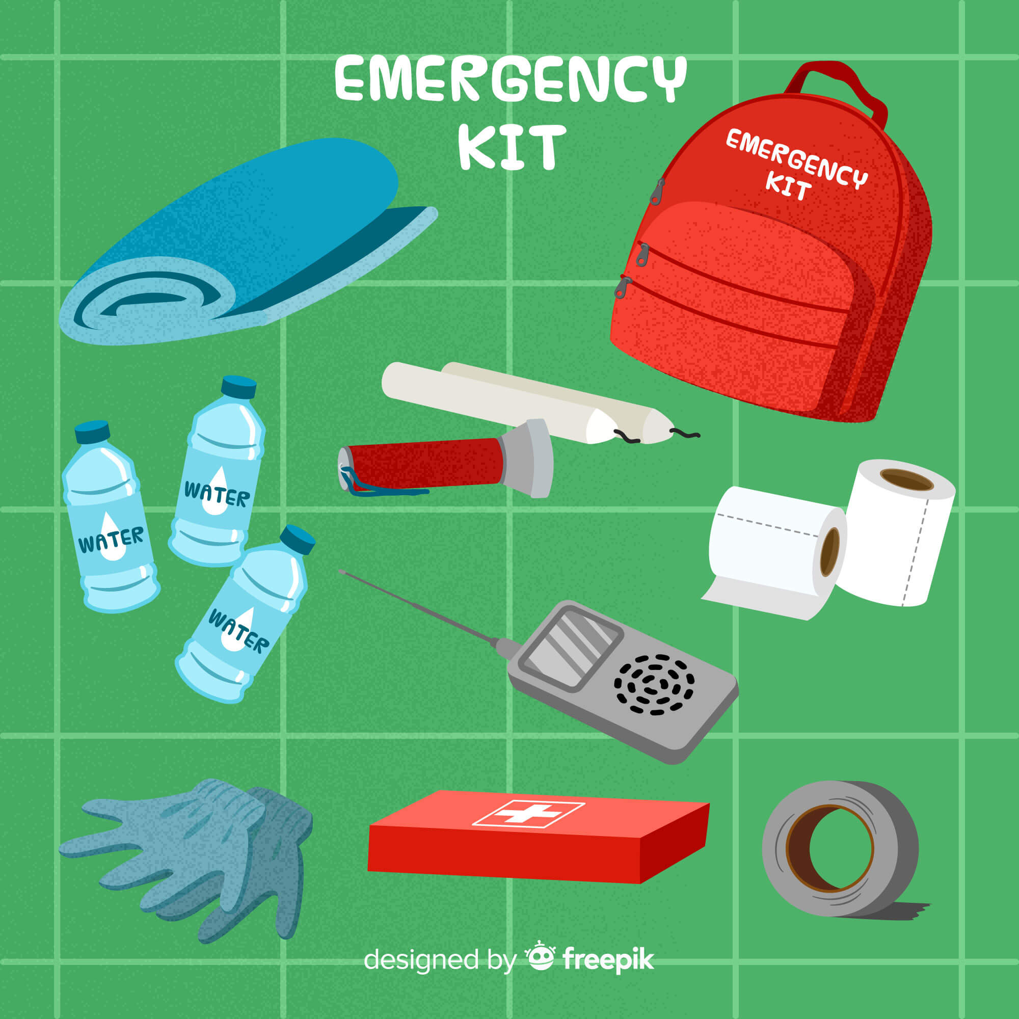 Equipment seen in an emergency kit
