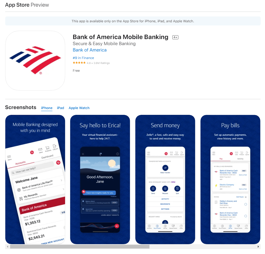 App store preview of Bank of America mobile banking app