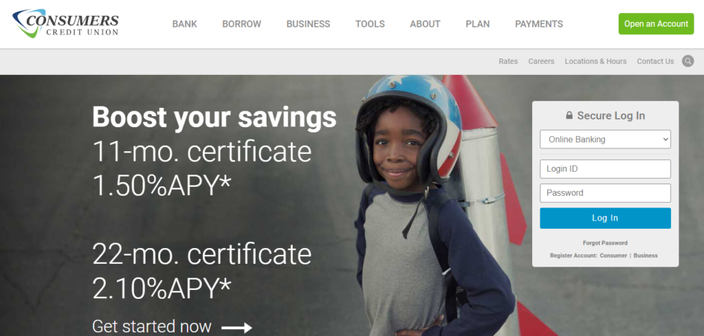 Consumers Credit Union home page  screenshot