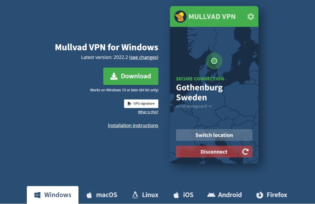 Screenshot of Mullvad VPN app download page