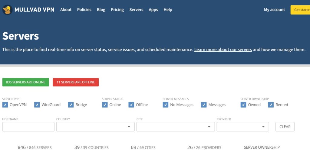 Screenshot of Mullvad VPN server page