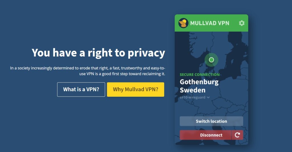 Screenshot of Mullvad VPN website home page