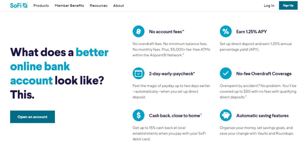 Screenshot of SoFi online banking page