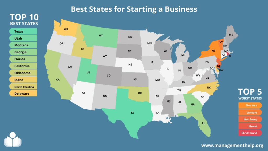U.S. map showing the worst and best states for starting a business