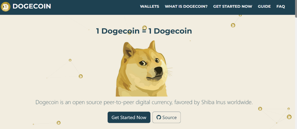 Screenshot of Dogecoin website homepage