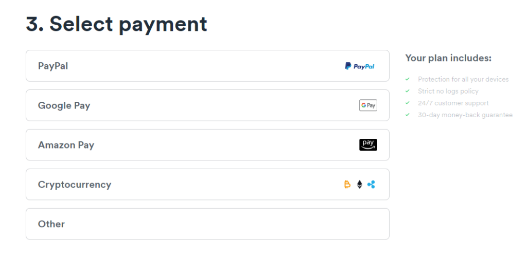 Screenshot of Surfshark payment options page