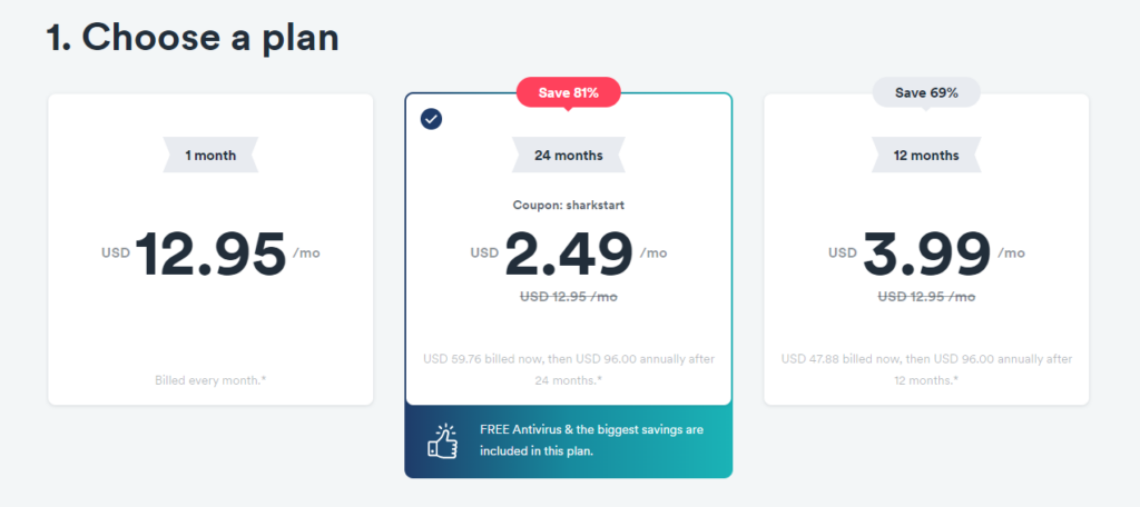 Screenshot of Surfshark pricing plan
