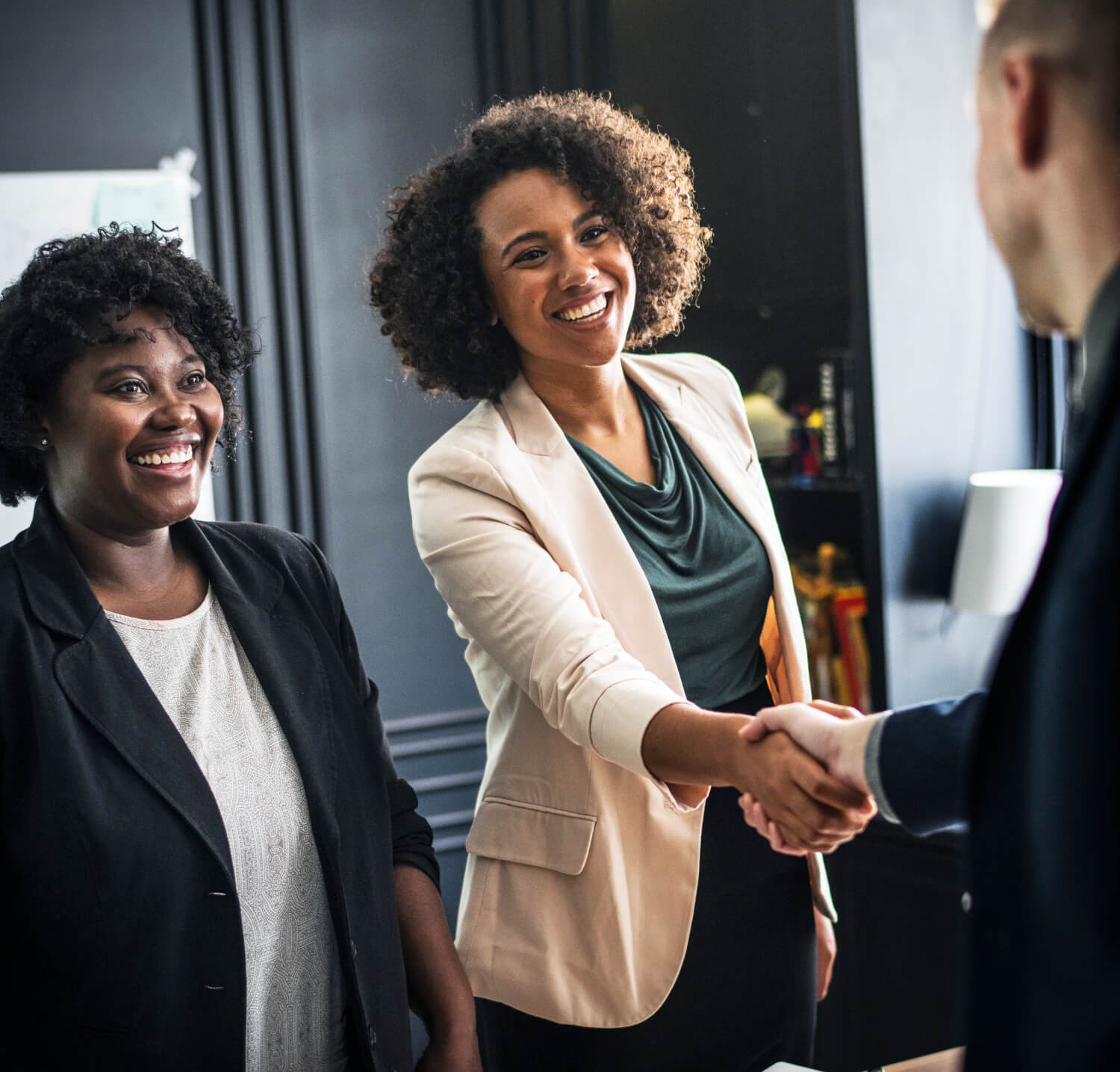 A business woman and her colleagues having a handshake with a new client