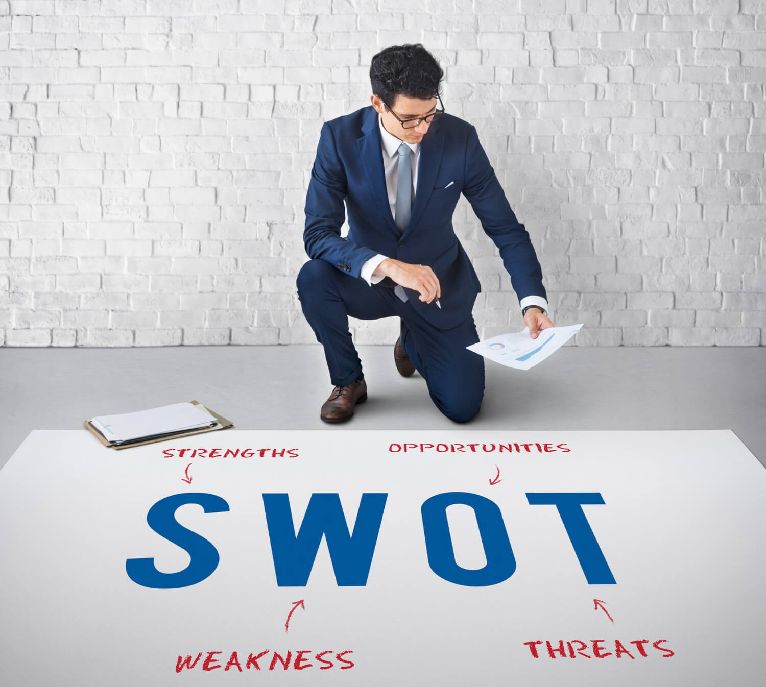 A business man doing SWOT analysis