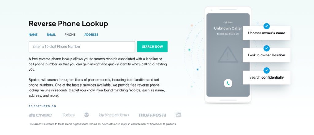 Screenshot of Reverse phone lookup on Spokeo