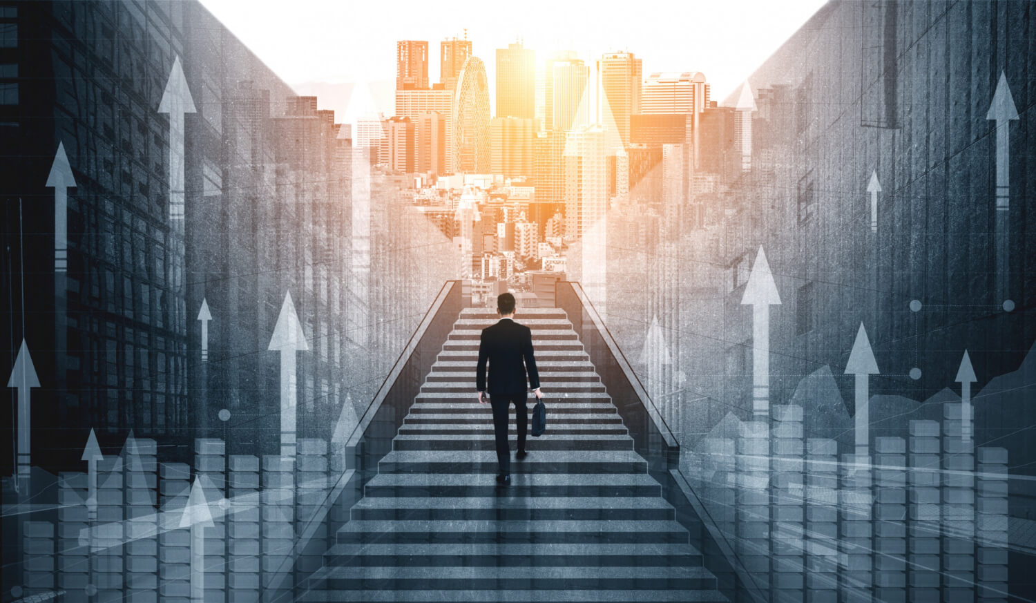 Businessman walking up a stairs with business profit concept