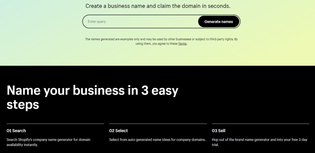 Screenshot from Shopify website